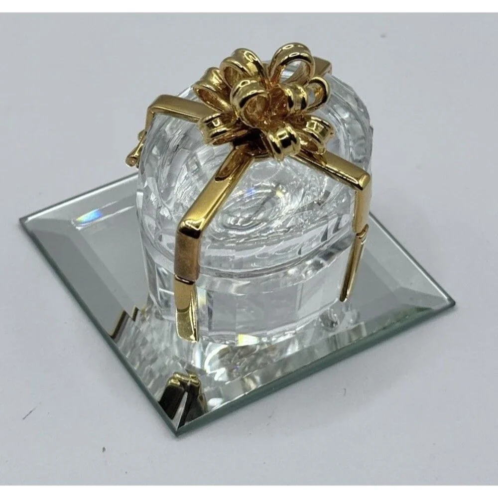 Glass Trinket Box Gold Bow Hinged Jewelry Holder Ring Box w Mirror